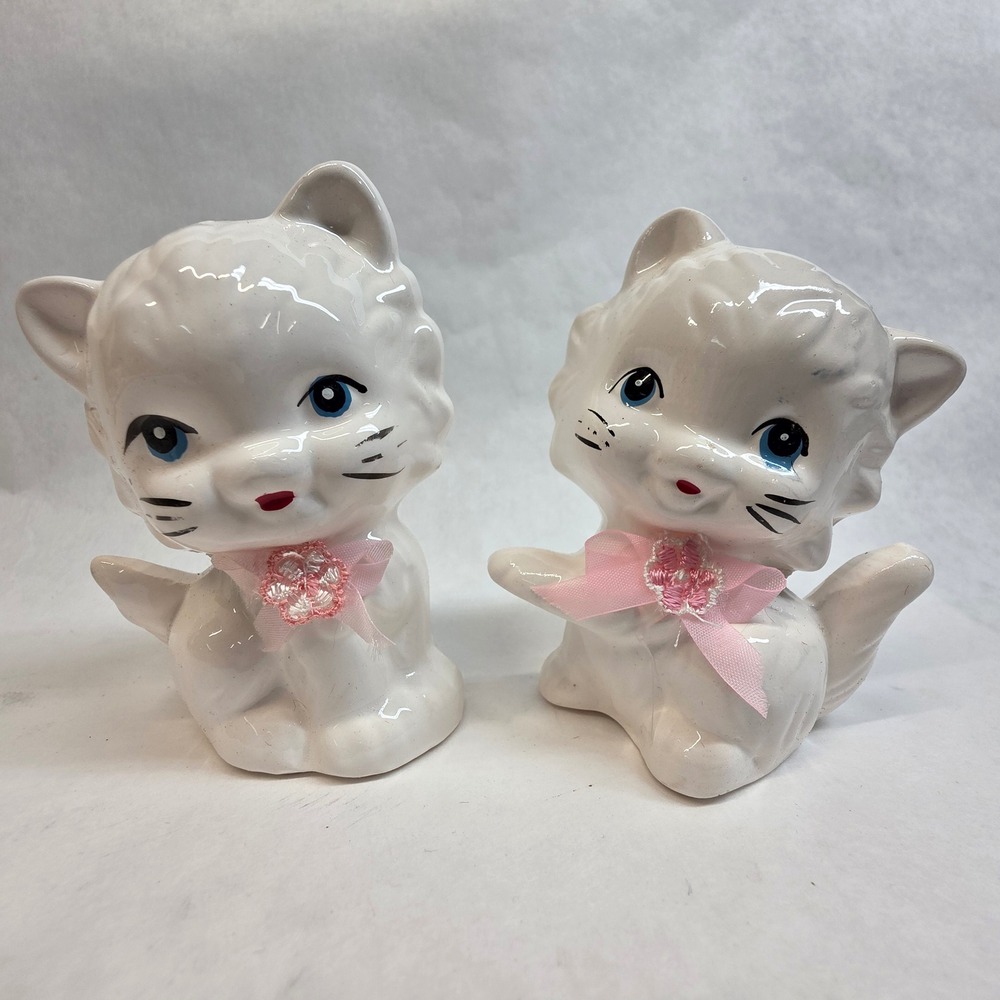 Vintage 1988 Miss Kitty Salt and Pepper Shakers Set White Bows Ceramic GUC